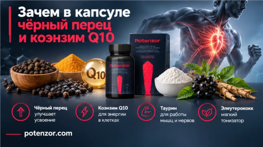 Potenzor: горошины чёрного перца рядом с капсулами