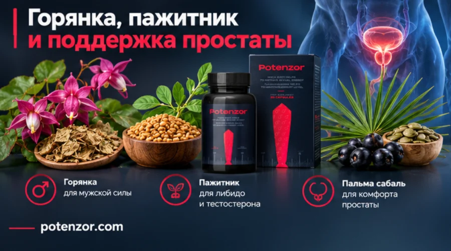 Potenzor: листья горянки, семена пажитника и плоды пальмы сабаль
